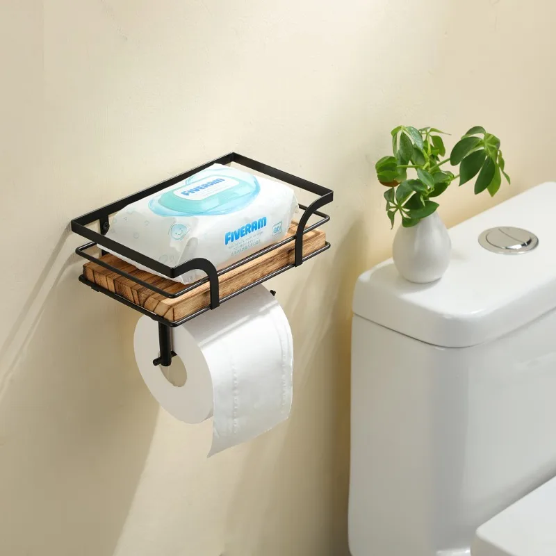 1pcs Wall-Mounted Toilet Paper Holder Solid Wood & Iron Bathroom Hotel Storage Shelf Space-Saving Roll paper Organizer 4