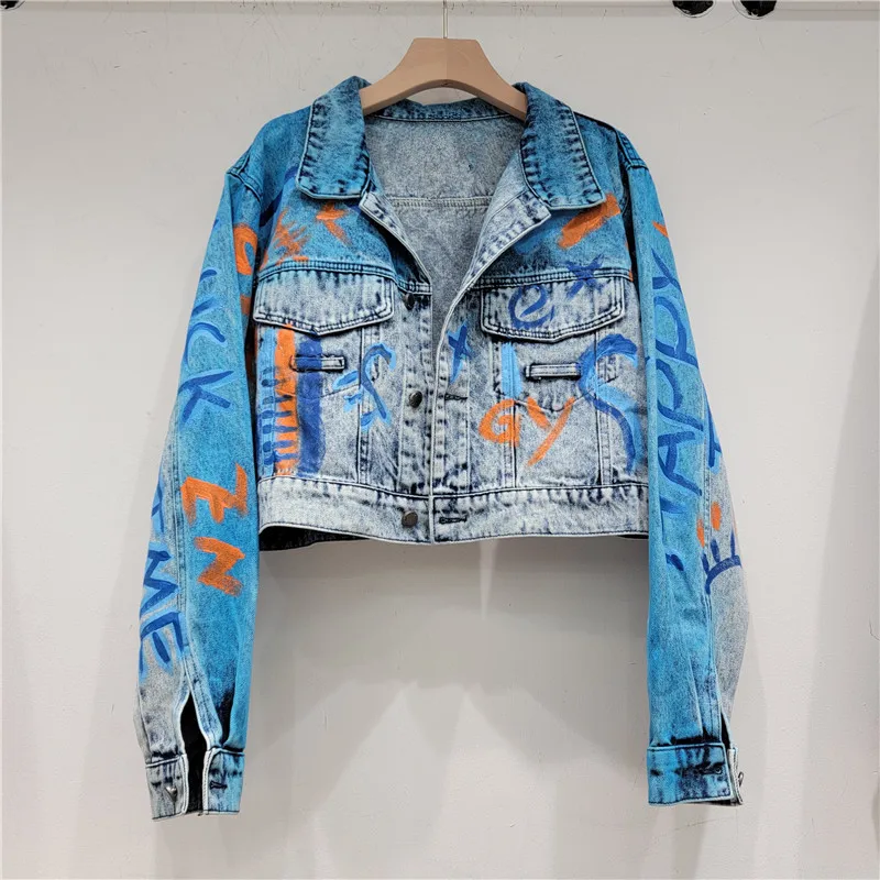 

Hand-painted Graffiti Letter Printing Short Denim Jacket Women Spring Autumn New Casual Loose Lapel Long Sleeve Cowboy Outerwear