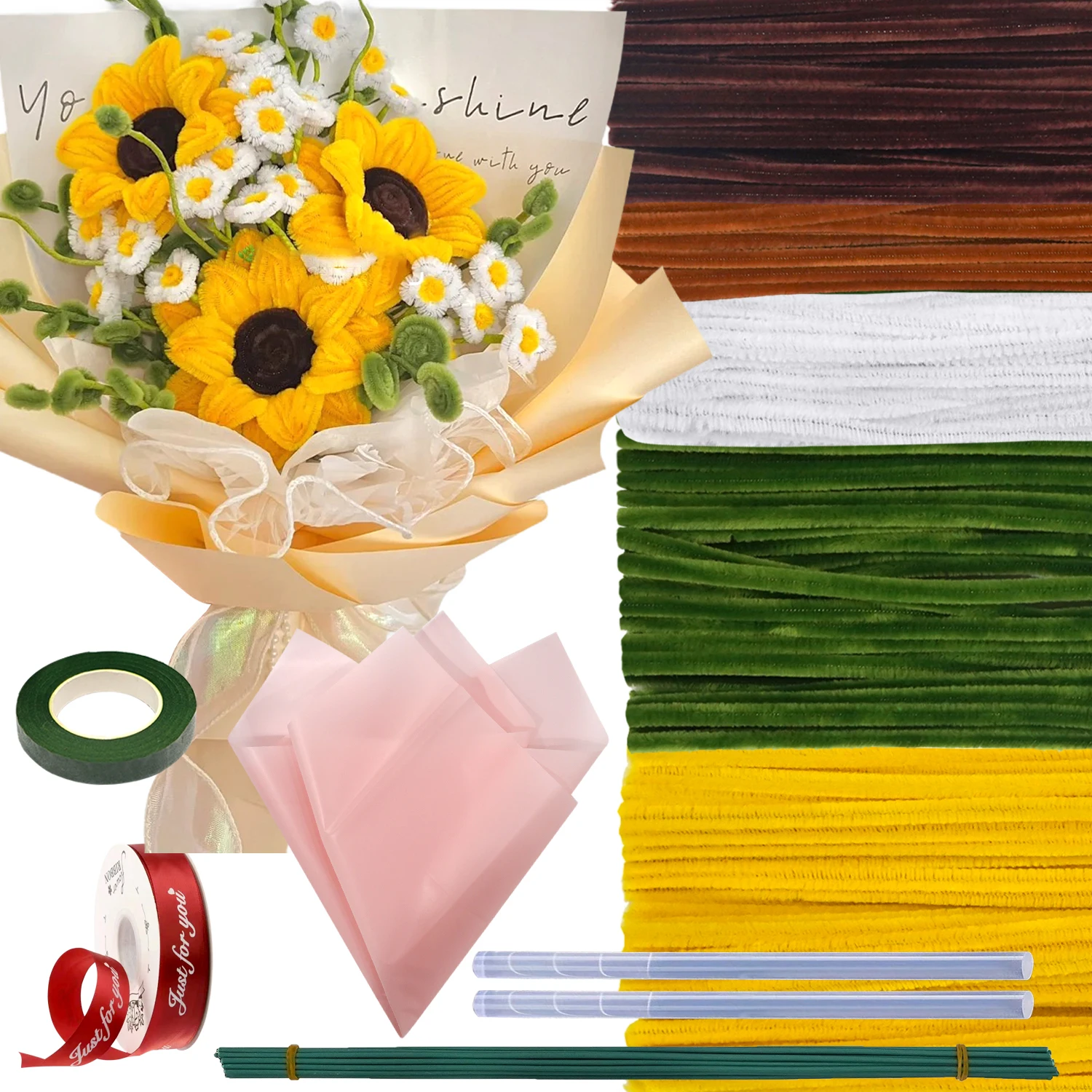 Sunflower Pipe Cleaners 280pcs Flower Stem Wire 20 Garden Tape 1 Warp Paper Silk Ribbon 2 Glue Stickers chenille pipe cleaners chenille craft supplies
