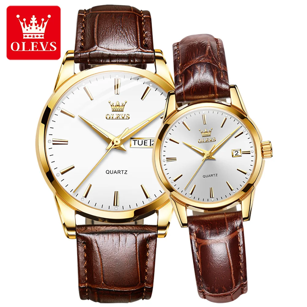 OLEVS 6898 Leather Strap Quartz Couple Watch