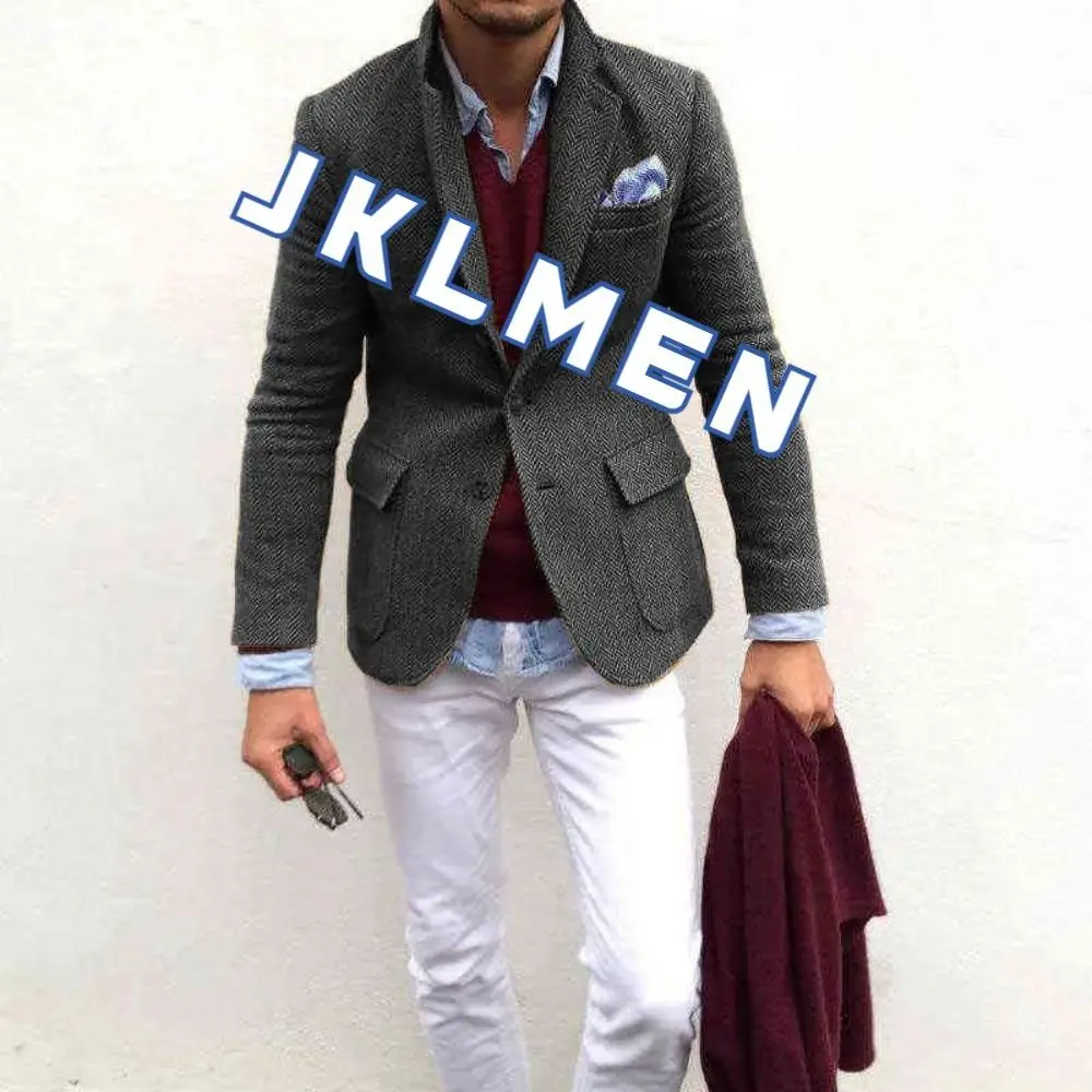 Men's Suit Jacket Herringbone Tweed Wool Jacket Winter Warm Short Jacket Retro Slim Fit Men Blazer  Coat Only