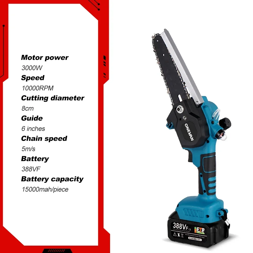 Electric Chainsaw ONEVAN 3000W 18V 6 Inch Electric Saw Chainsaw with 1/2 Battery Oil Spray Rechargeable Woodworking Tool for Makita 18V Battery