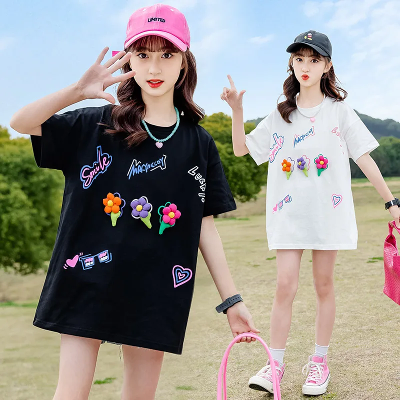 

2024 Korean Summer Children Girl Long T-shirt Teenager Girl 3D Flower Short Sleeve Tops School Girl Graffiti Cotton Loose Tee