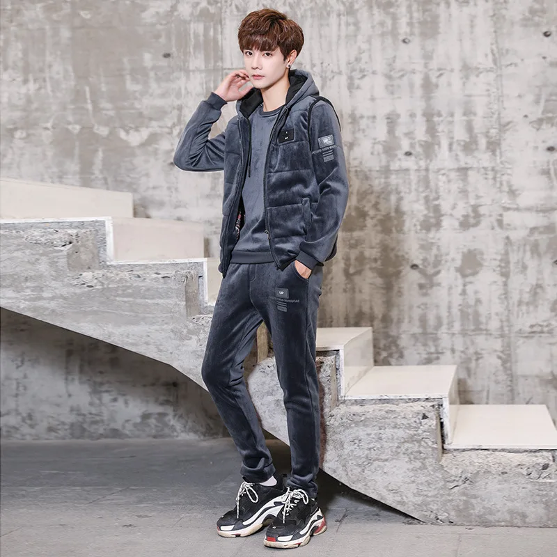 

2024 Casual Men's Sportswear Winter Velvet Thickened Sports Suit Sweater Trousers Vest Three-PieceFashion Male Jacket Black Gray