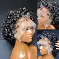 Perruque de Cheveux Humains Courts Bouclés, Coupe Pixie, 1b 99J, Balayage Bordeaux, Couleur Miel Ombré, 13x1, Pre-Plucked 5