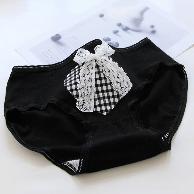 

Women's shorts Lace plaid love girl's underwear Student's cotton mid waist