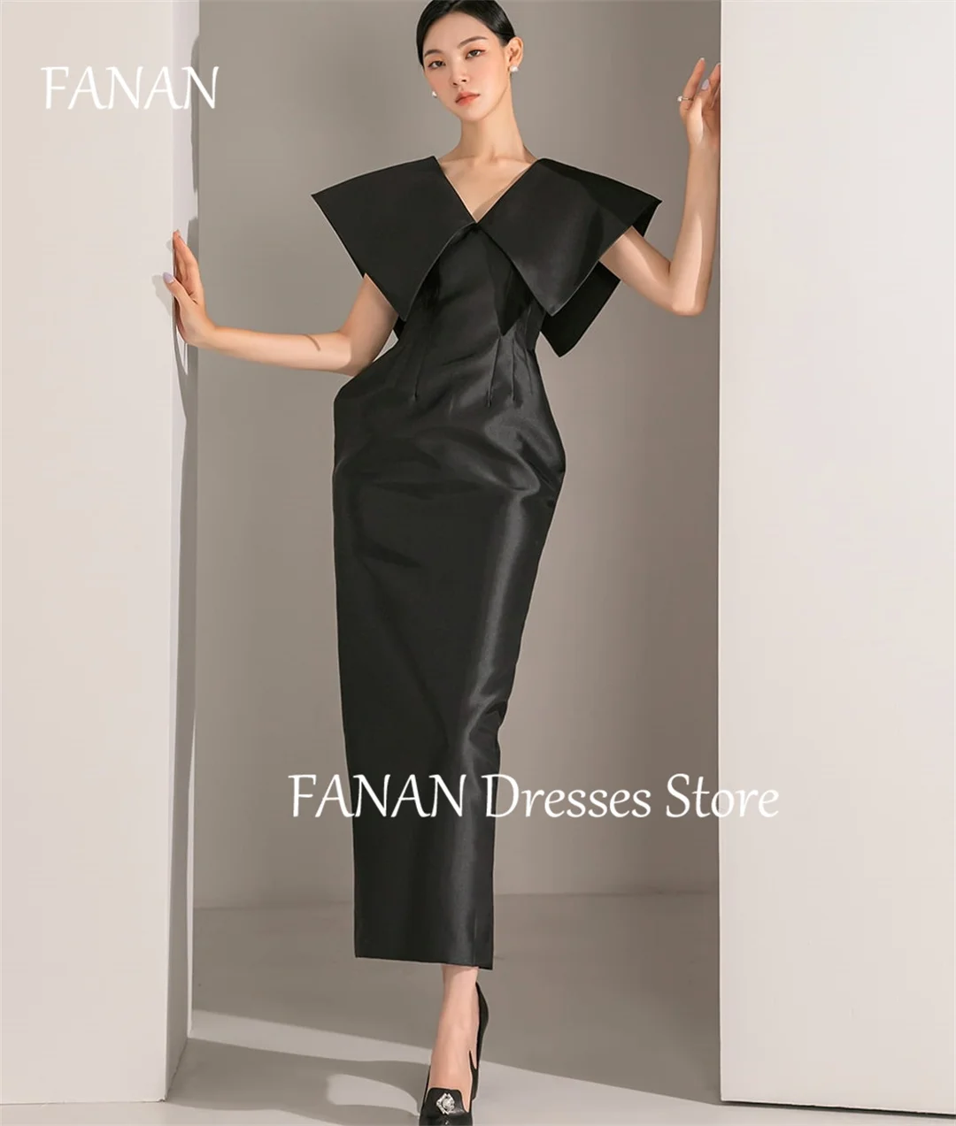 

FANAN Black Satin Fashion Vintage Evening Party Dresses Short Sleeves A-Line Japan Simple Women Formal Gowns Event Prom Gowns