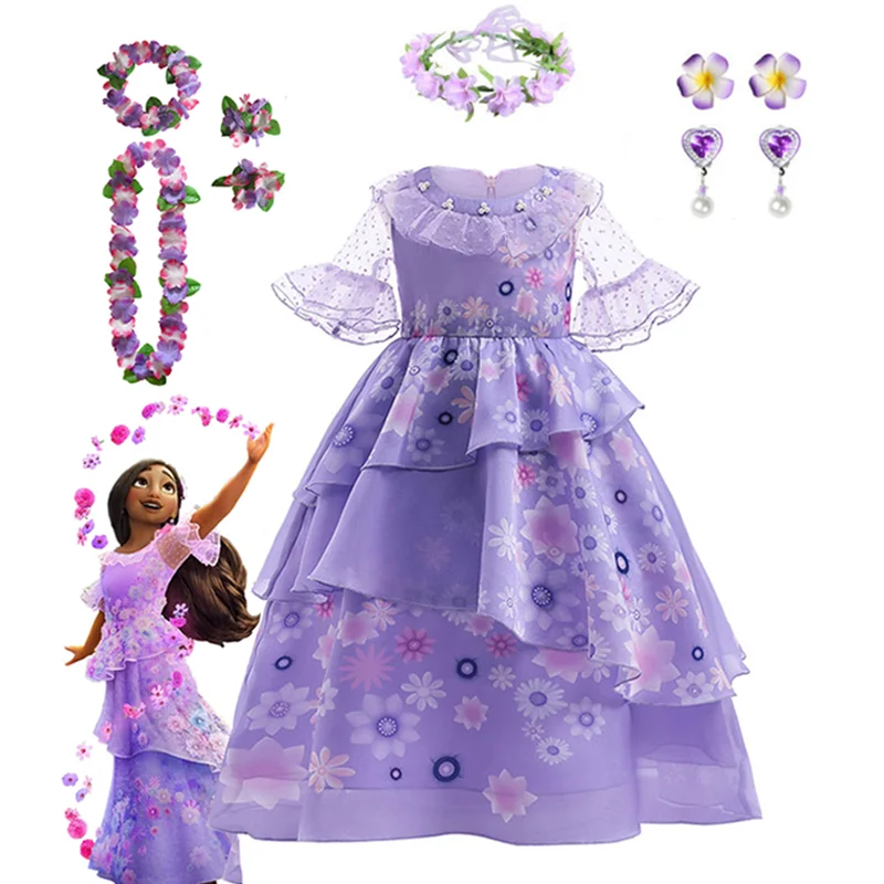 thumbnail image 4 of Disfraz de Disney Mirabel Isabela para niñas, vestido de princesa, traje de Cosplay, Encanto, Carnaval, fiesta de cumpleaños, corona, ropa, bolso, Encanto, 4 of 5
