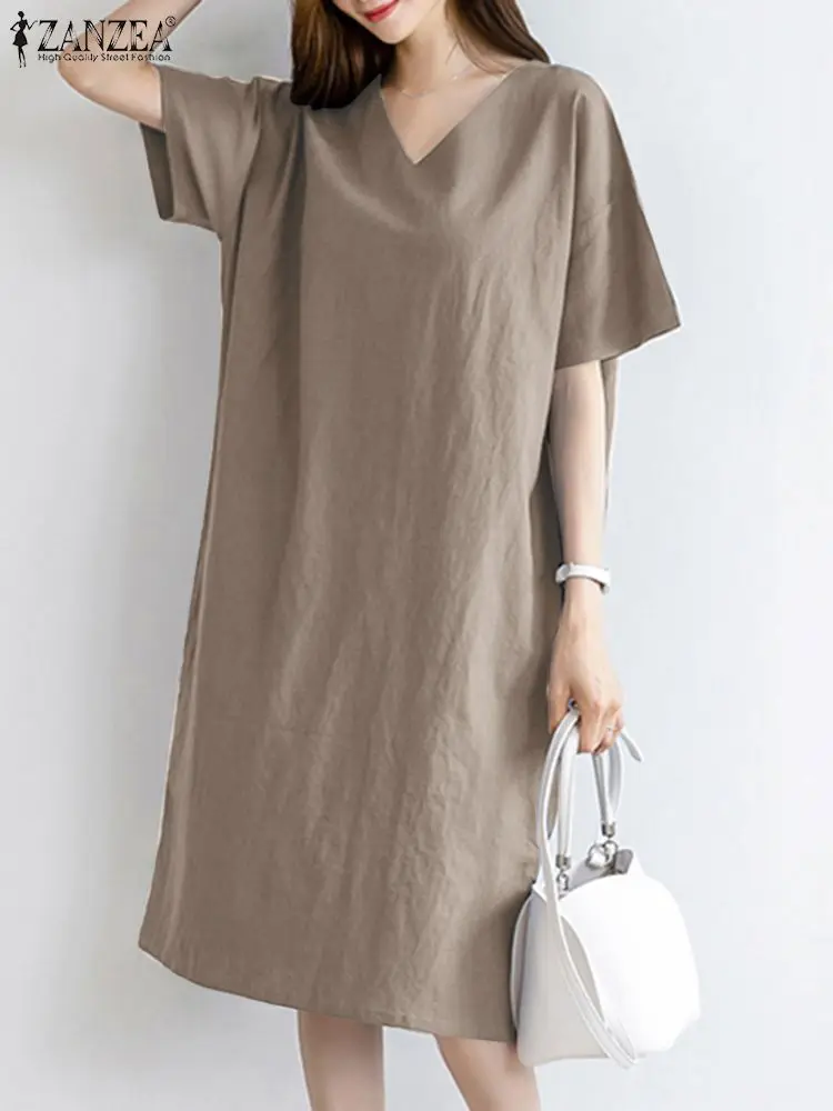 

ZANZEA Spring Cotton Dress Leisure Half Sleeve V Neck Solid Loose Party Dresses Work OL Robe Causal Holiday Streetwear Vestido