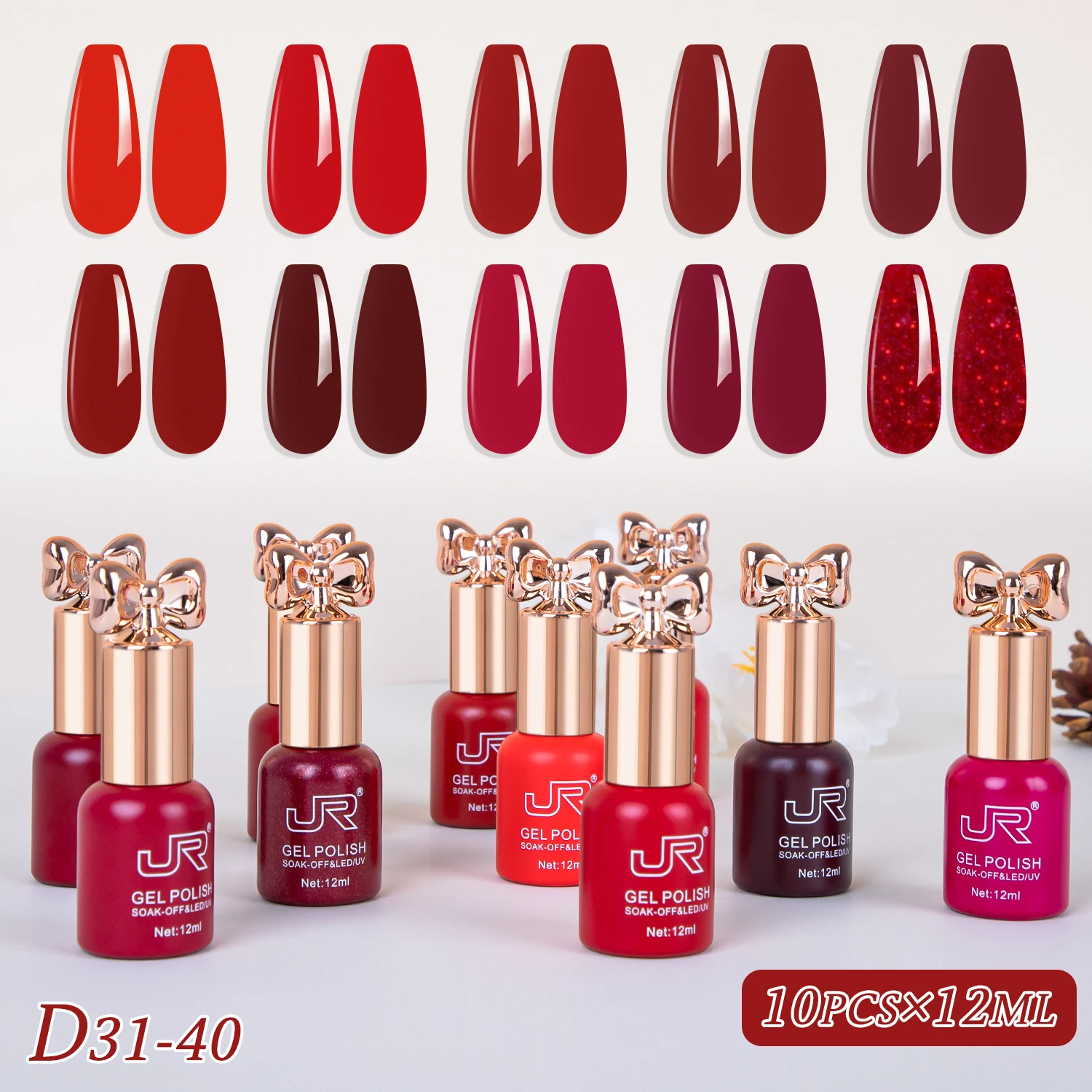 Vibrant Gel Nail Polish Collection - 10 Shades of Red, Pink, and Nude with Top & Base Coat