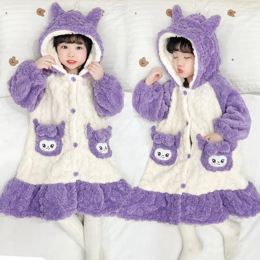 Sanrio Girls Kuromi Nightgown Child Flannel Bathrobe Kawaii Cartoon Pajamas Leisure Plush Lounge Clothes Children's Clothing