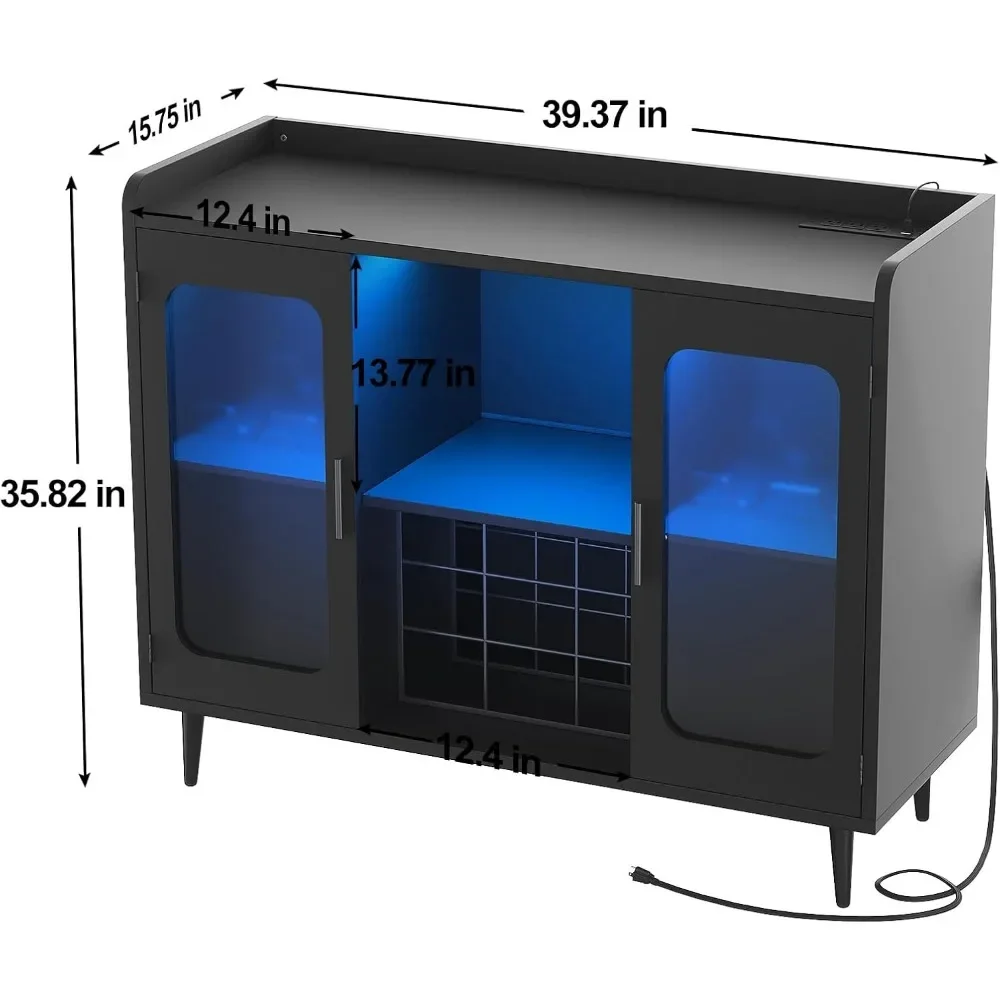 Bar Cabinet with Power Outlet, Liquor Cabinet Bar with LED Light and Glass Holder, Home Coffee Cabinets Furniture