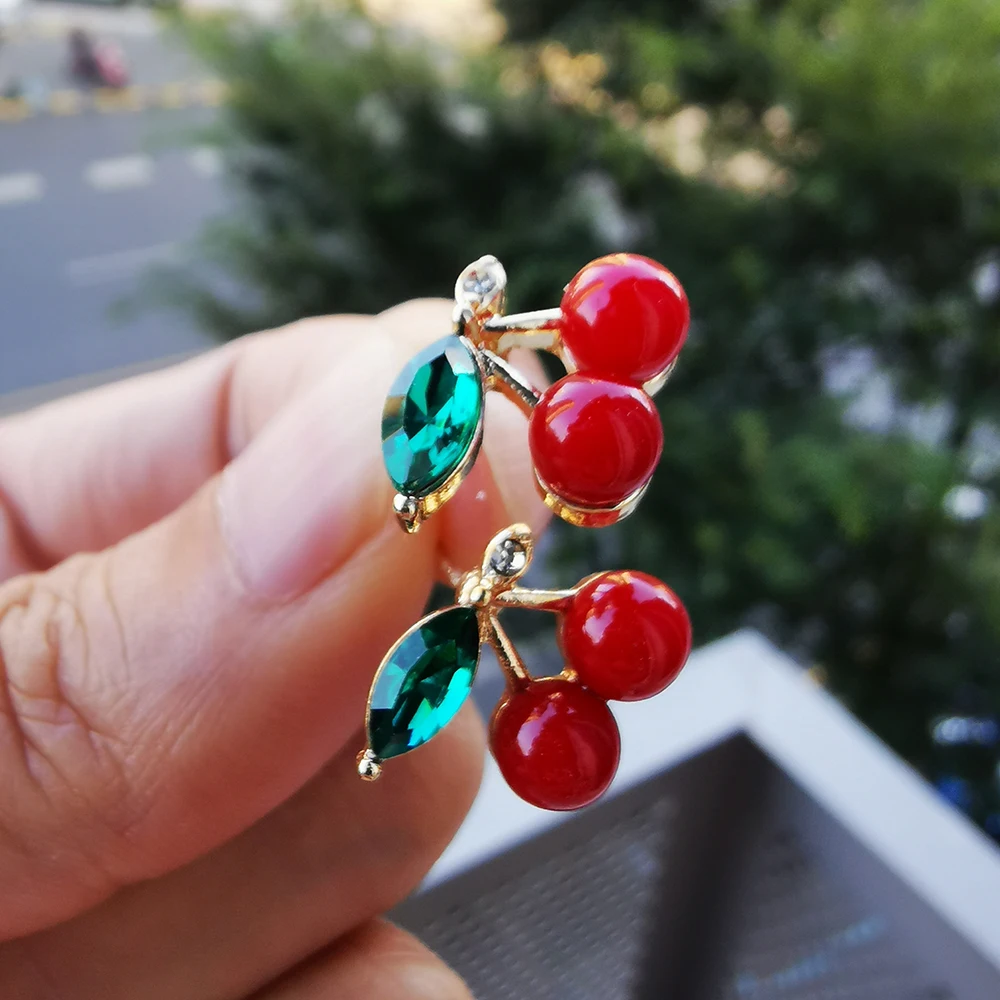 thumbnail image 2 of Cherry Stud Earrings For Women Personalized 18K Gold Plated Red Cherry Elegant Shining Green Emerald Leaf Cz Crystal Ruby Cherries Post Earring Cherry Je 2 of 11
