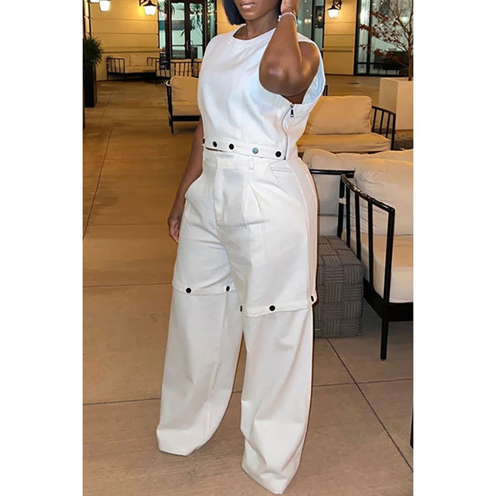 Plus Size Casual Pant Set White Round Neck Detachable Two Piece Pant Set With Pocket