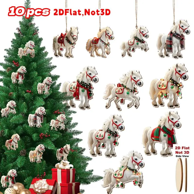 Set of 10/20/30Pcs Sophisticated White Horse Wooden Ornaments for Christmas Tree Decoration; Perfect Xmas Party Gifts.