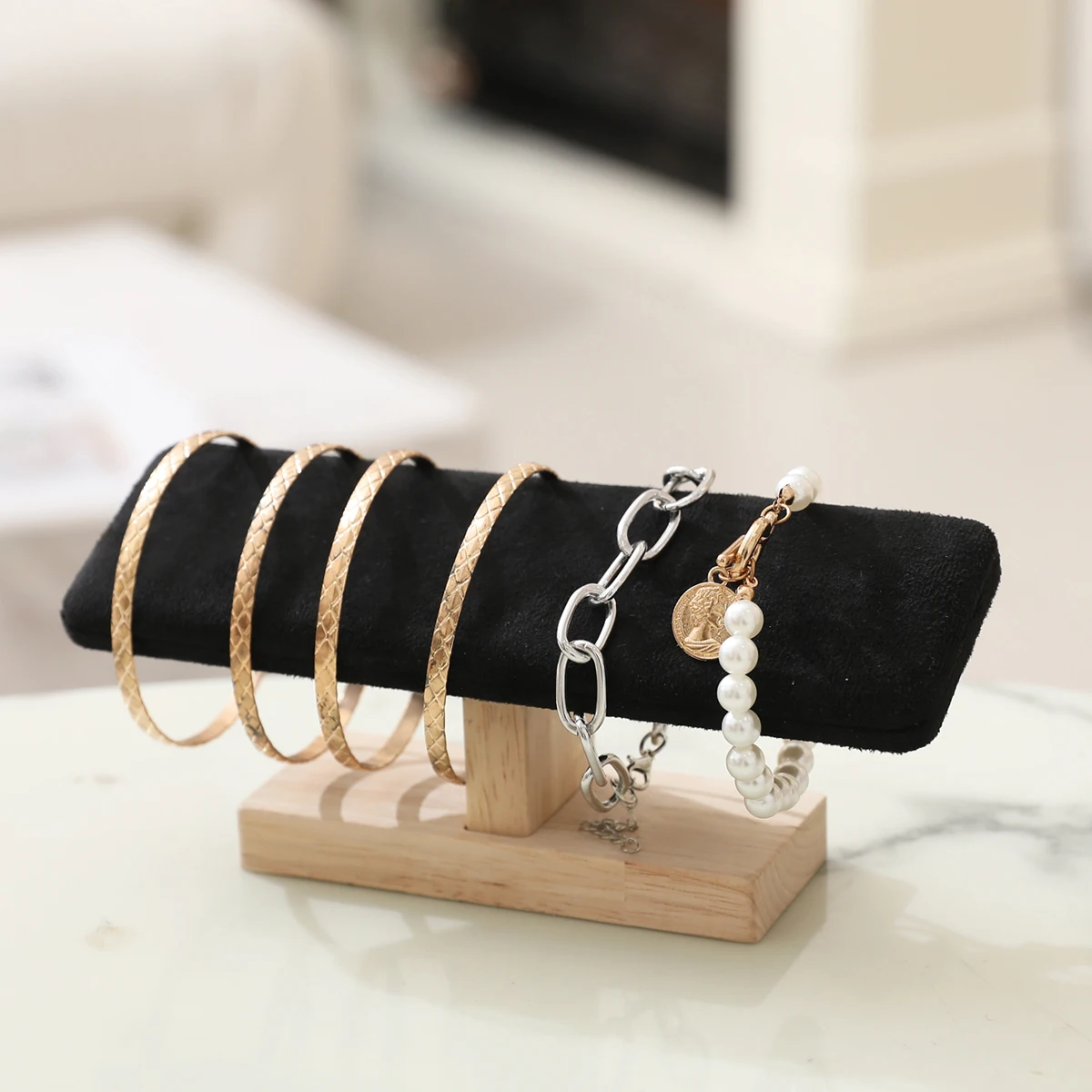 1pc Holz Basis T-Förmigen PU Leder/Samt Armband Display Rack Armreif Uhr Haarband Schmuck Lagerung Ständer halter Organizer – Detail 19