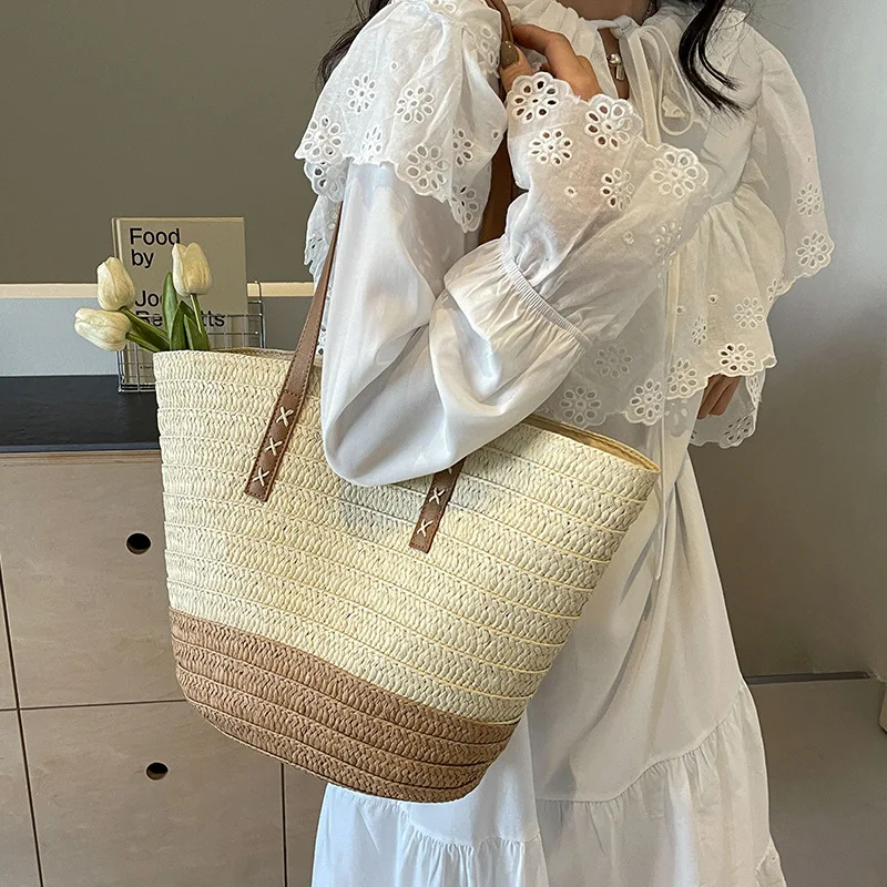 2024 NEW Design Large Straw Tote Bag for Women Rattan Woven Beach Bag Summer Colored Stripe Shoulder Bags Handbag