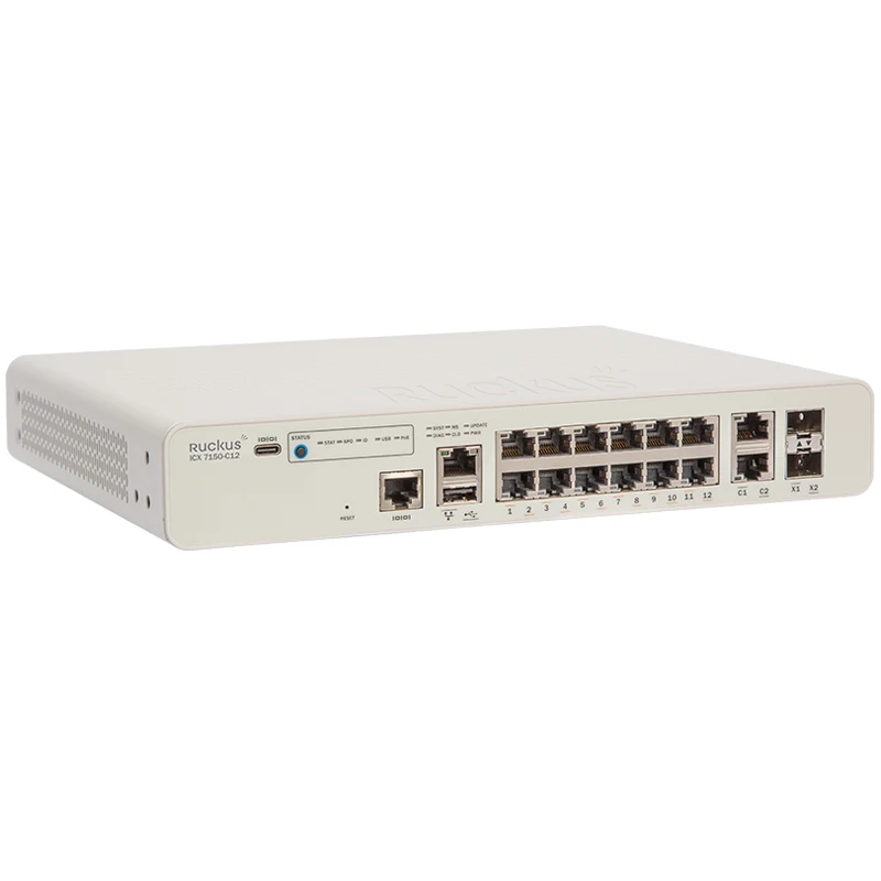 

Ruckus ICX7150 Switch ICX7150-C12P-2X10GR 12x10/100/1000 Mbps RJ-45 PoE+ports AP 124W PoE dget 2x10GbE uplink/stacking SFP/SFP+