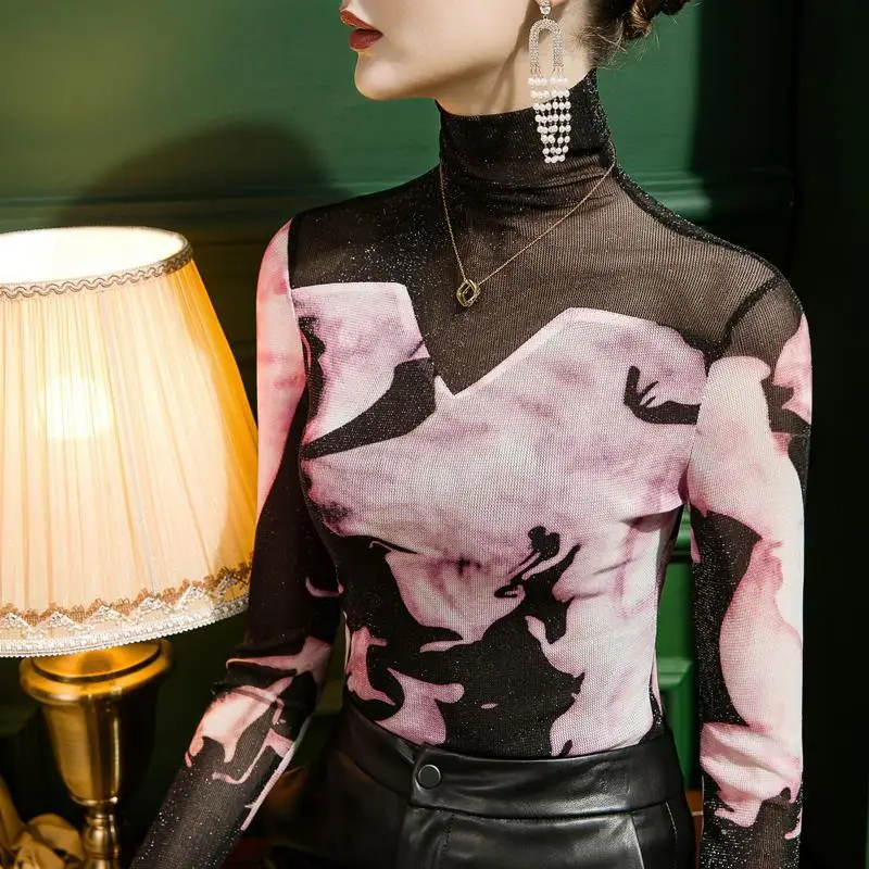 

High Quality 2024 Women Tops Gauze Pritn T-shirt Female Splice Clothing Winter Autumn Sexy Crop Top Clothes Casual Blouse Y2k