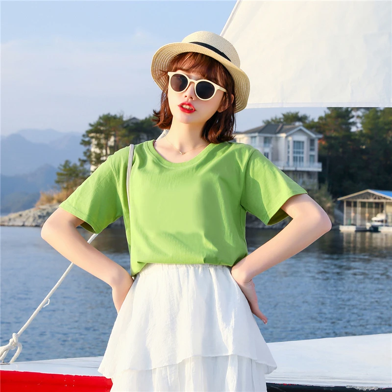 

Women 100% Cotton Casual Tee Shirts 2022 Summer O-Neck Plain Tee Tops Ladies Pure Cotton T-Shirs Short Sleeved