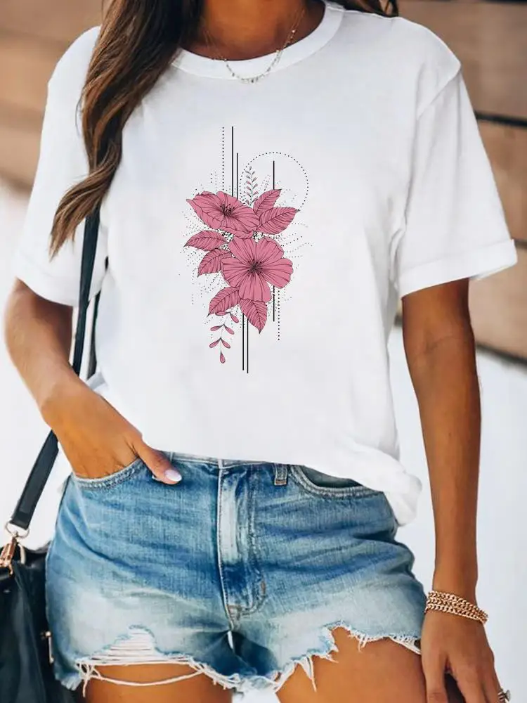 Women Spring Fashion Summer Female Tee Shirt Print Clothes Lady Short Sleeve Flower Lovely Floral Trend 90s Graphic T-shirt