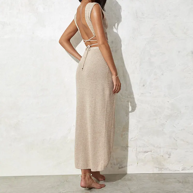 Two Piece Set Vacation Beach Sun Protection Bikini Summer Seaside Solid Lace Up Cross Smock Sexy Slit Knitted Hollow Out Skirt
