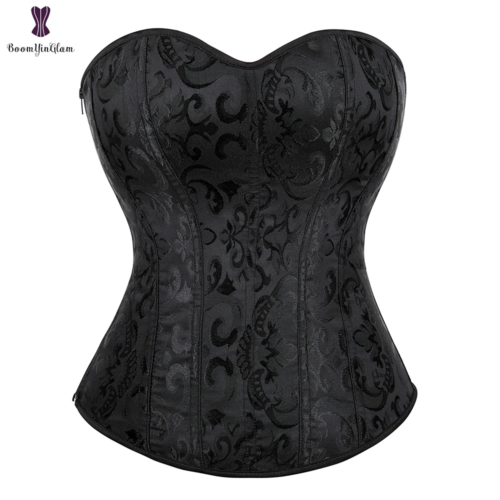 Jacquard Overbust Corset Side Zipper Black Waist Bustier Top Body