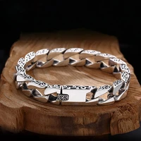 ZABRA Simple Men's S925 Silver Retro Bar Chain Old Tang Grass Pattern Bracelet Popular Fashion Retro Jewelry 1