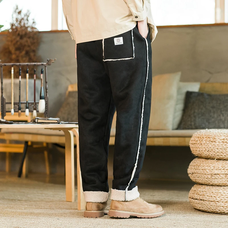 

Vinbrandmn Winter Velvet Pants Men's Artificial Fur Lined Pants Thickened Sweatpants Drawstring Pants Wool Warm Pants 5Xl
