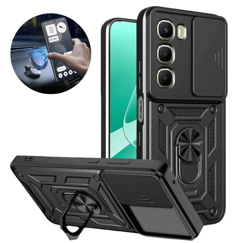 Slide Lens Protect Armor Phone Case with Ring Magnetic Stand Holder and s