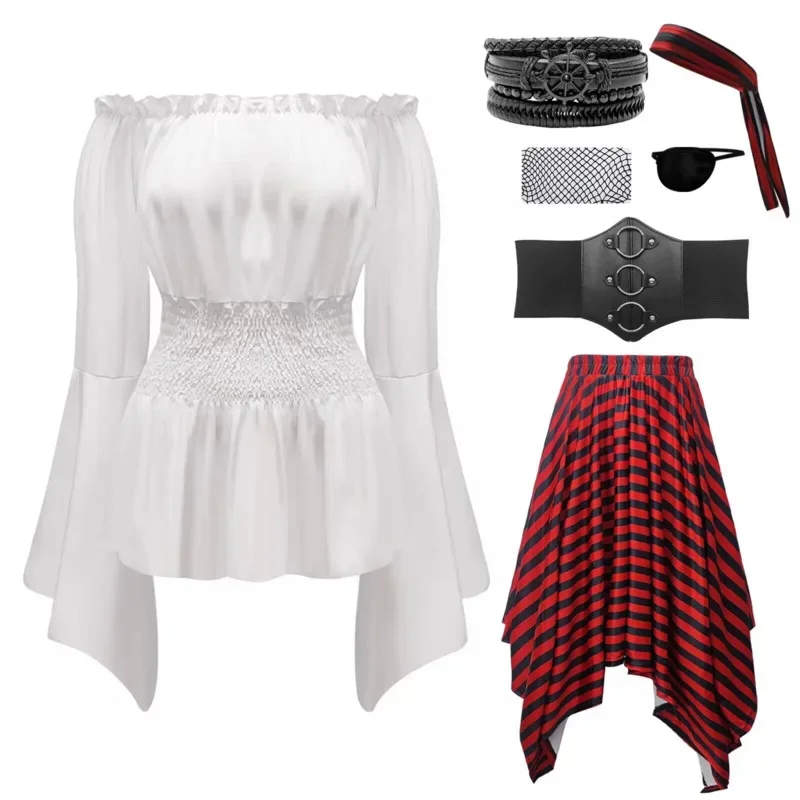

Medieval Medieval Retro Womens Pirate Costume Cosplay Renaissance Blouse Tops Corset Waist Belt Pirate Skirt Pirate Halloween