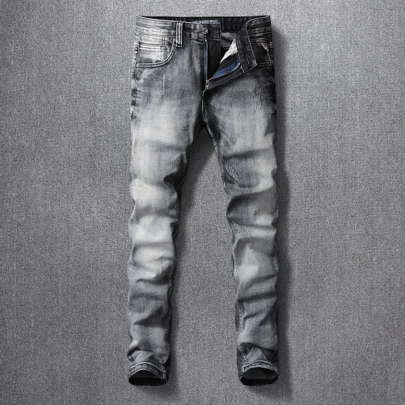 Fashion Vintage Men Jeans High Quality Retro Black Gray Stretch Slim Fit Ripped Jeans Men Designer Trousers Denim Pants Hombre