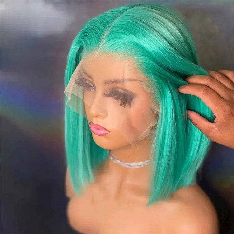 

Mint Green Colored Bob Wigs Peruvian Lace Front Human Hair Wig Straight Short Bob Wigs For Women HD Lace Closure Wig Pre plucked