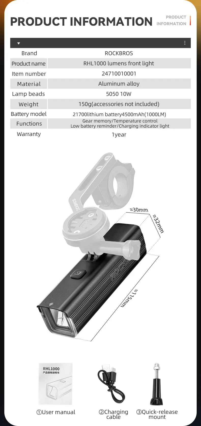 ROCKBROS Bicycle Light 1000LM 4500mAh Bike Front Light Type-C Aluminum Alloy Rainproof LED Flashlight MTB Road Cycling Light