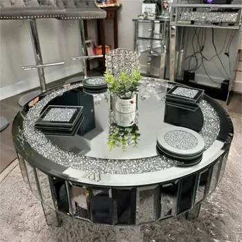 Crushed Crystal Mirrored Coffee Table 60cm Round Accent Table Leisure Table 1