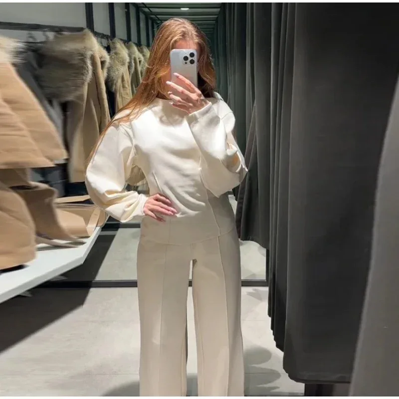Frauen Kleidung Herbst frauen Mode Passenden Sets Lange ärmeln Oansatz Plissee Top Breite bein Hosen Anzug – Detail 6