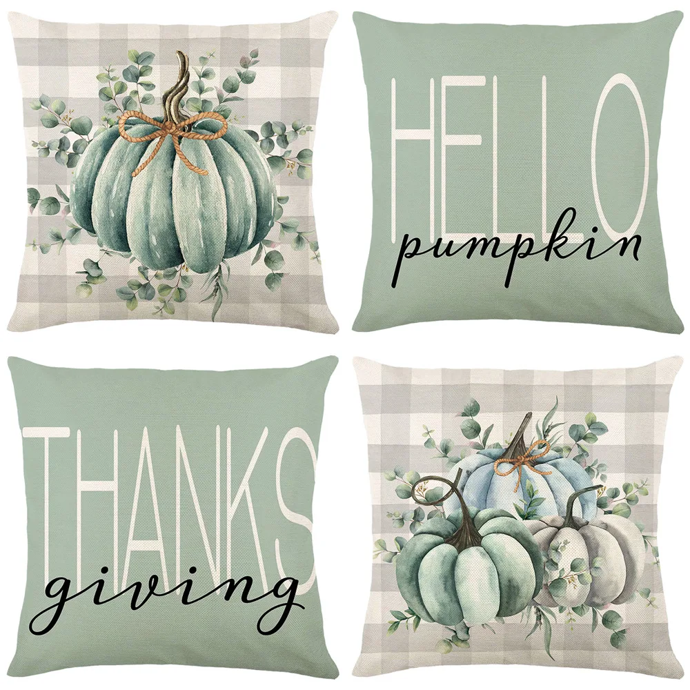 

2023 Fall Thanksgiving Home Sofa Decorative Throw Pillow Covers 18x18 Inches Linen Square Pillows Cushion Cover Plaid Pillowcase