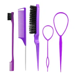Hair Styling Comb Set - Teasing, Rat Tail, and Edge Brushes, with Braid and Loop Tools (3 - 10pcs) (Purple 5Pcs)