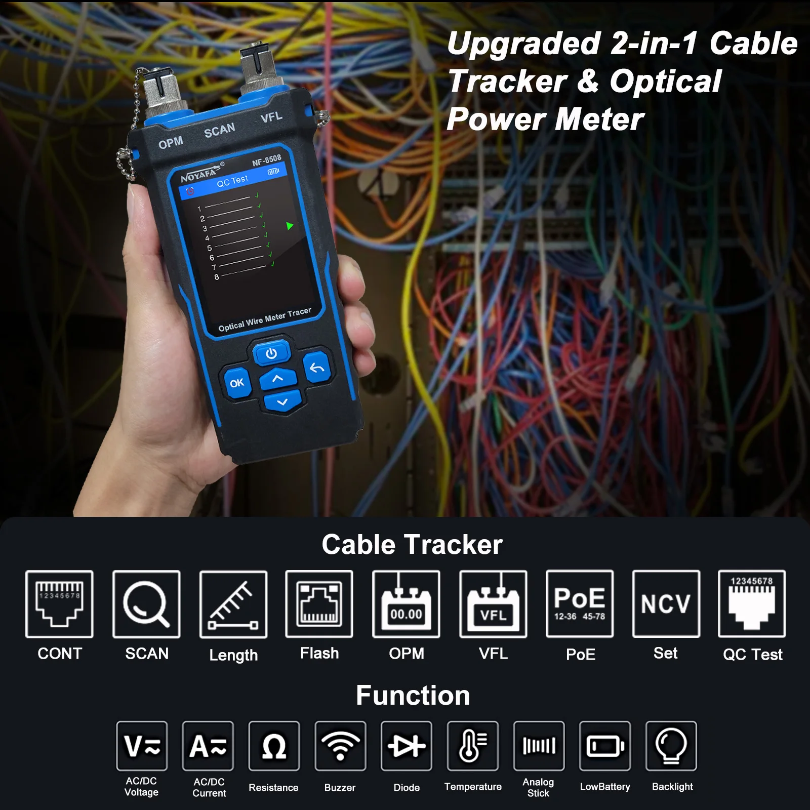 NOYAFA NF-8508  Cable Tracker LAN Optical Power Meter Tester LCD Display Measure Length Wiremap Network Cable Tester 3