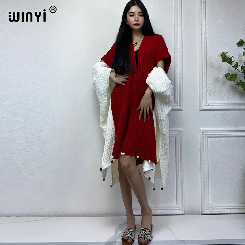 

WINYI 2023 new woman Winter kimono Knitted cardigan fashion hipster party dress Thick Warm Female jacket kaftan Christmas coat