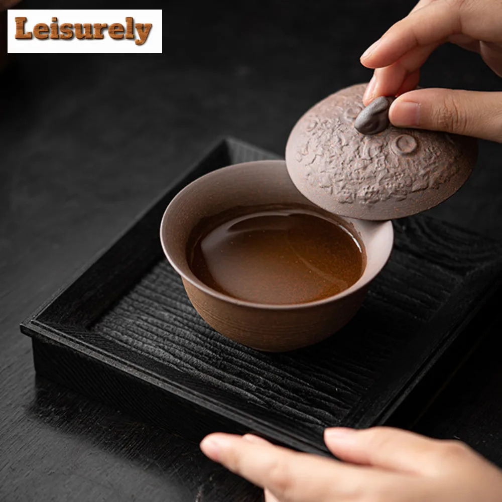 Hand Pinched Rock Mud Gaiwan Antique Rough Pottery High Foot Tea Tureen Japanese Tea Maker Cover Bowl Chinese Tea Set Ornaments
