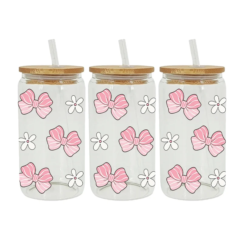 DTF Transfer Sticker UV DTF Transfer Bow Theme 16oz Libbey Glasses Wraps Cup Can DIY Waterproof Easy To Use Decals D17034
