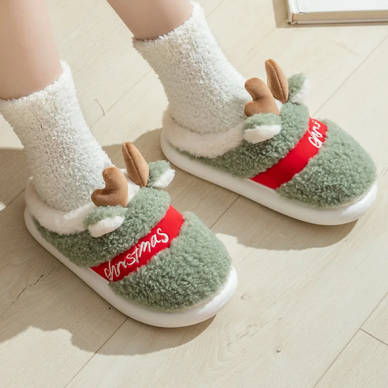 Winter Cotton Warm Plush Fur Antiskid Christmas Slippers Deer Antler Cotton Mops Outdoor Breathable Sole Soft Home Couples Shoes 3