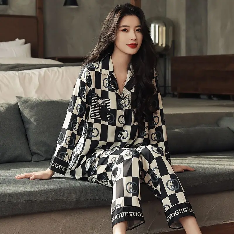 Female Pajamas Spring Autumn Ice Silk Long Sleeve Thin Cardigan Sleepwear Suit Women Large Size High-Grade Light Luxury Homewear