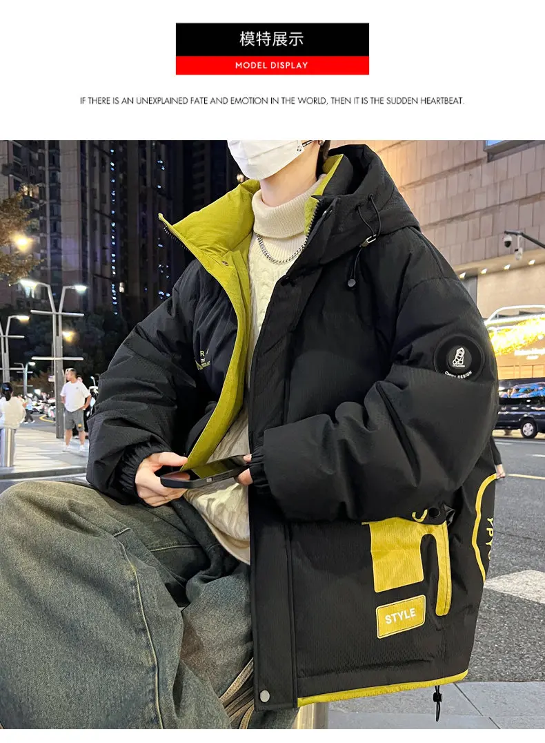 Modische Herren Warme Kapuzenjacken mit Baumwollfüllung Winter Jugendliche High-Street-Mode Dicke Mäntel Outdoor Winddichte Oberbekleidung Parka – Detail 9