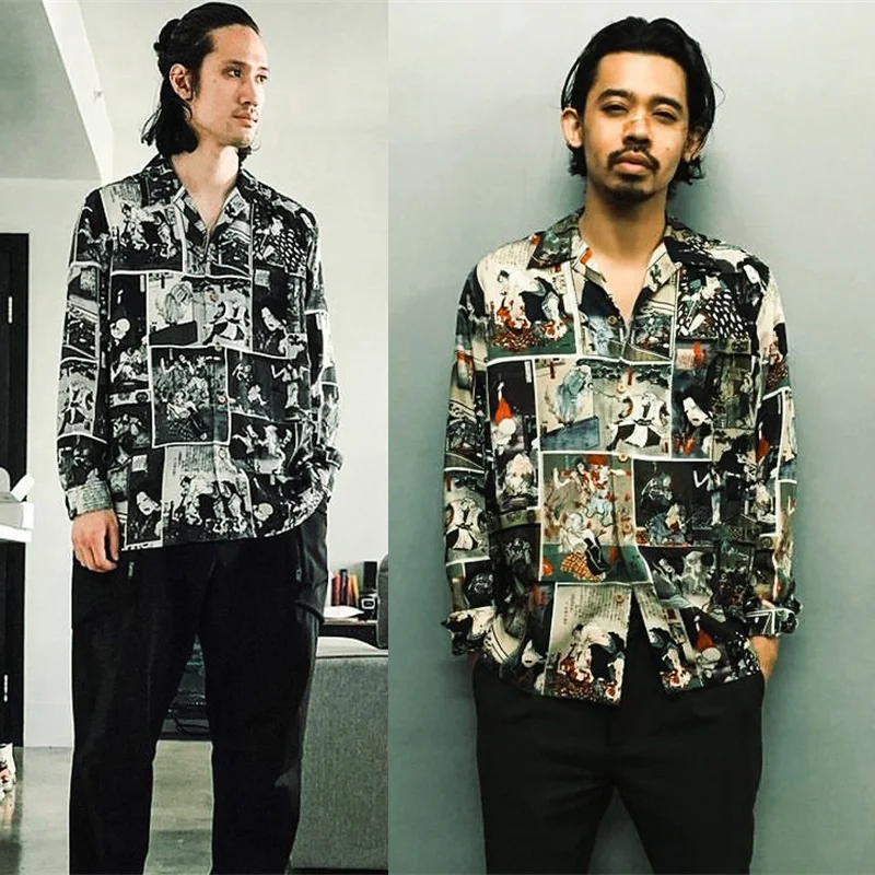 

Casual Hundred Ghosts Night Tour Pattern Oversize Men Woman WACKO MARIA Single Breasted Long Sleeve Shirt