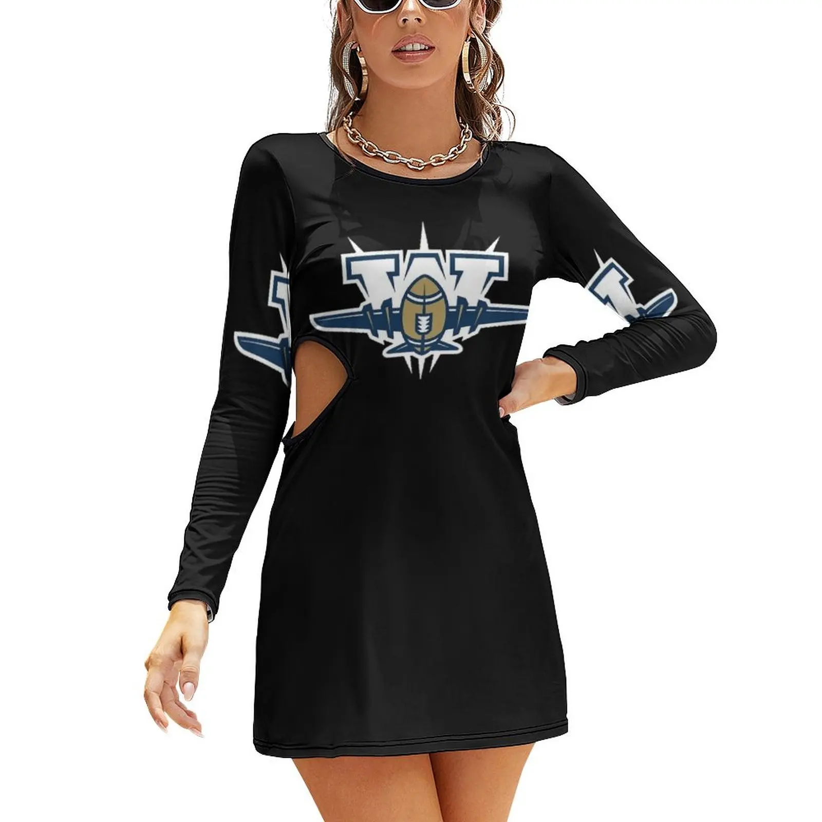 

Winnipeg Blue Bombers Logo with Bombing Planes Slim Dress with Hollow Waist loose summer dress long sleeve dress