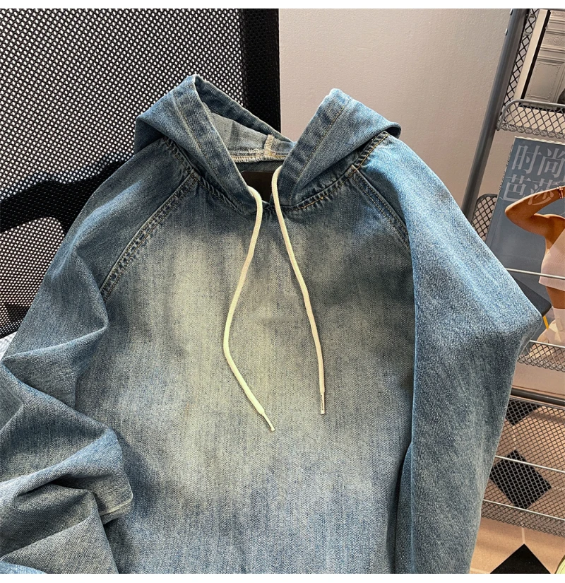 Unisex-Vintage-Jeanspullover mit Kapuze und Raglanärmeln und großen Taschen - True Deals Club