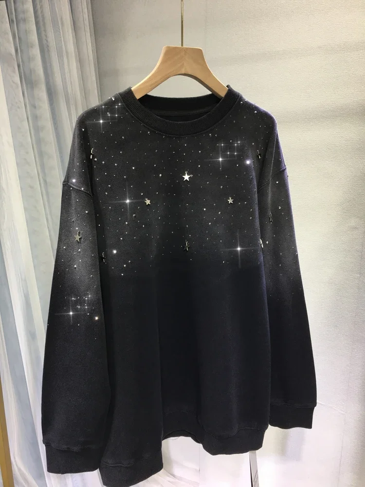 

Gradient Hot Drilling Women Sweatshirt New Autumn Fashion Loose O-neck Pullover Top Mid-long Shiny Diamonds Oversize Hoodies
