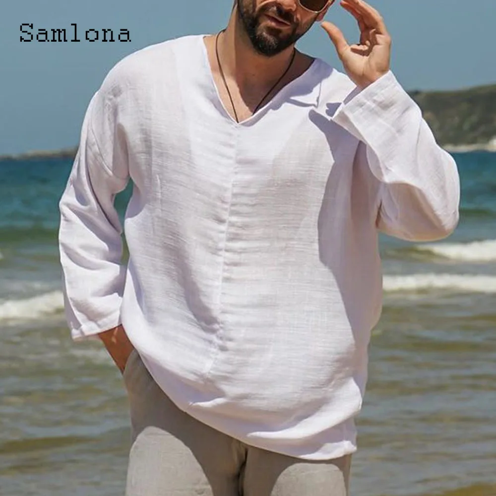 

Plus Size 4xl Mens Long-sleeved Beach Shirts clothing 2023 New Autumn Casual Linen Tops Blouse Men Solid Loose V-neck Shirt Wear